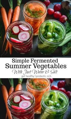 four jars filled with vegetables and the words, simple fermented veggies