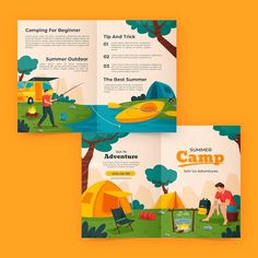 three fold brochures with camping illustrations on them