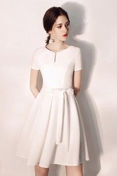 Pretty Short White Hoco Party Dress With Sash Sleeves - $57 #HTX97066 - SheProm.com Chic A-line Belted Dress For Party, Fitted A-line Belted Dress For Party, Elegant Formal Dress With Sashes, Party Dresses With Belt And Short Sleeves, Elegant Belted Mini Dress For Party, Belted Short Sleeve Party Dress, Fitted V-neck Belted Dress For Party, Elegant White Belted Dress For Formal Occasions, Belted Midi Wedding Dress