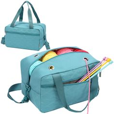 two bags with different types of knitting needles and yarn balls in them on a white background