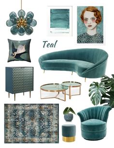 a living room filled with furniture and decor in shades of teal, gold, and blue