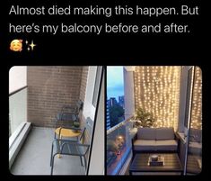 the balcony is decorated with string lights and chairs