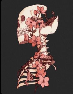 a drawing of a skeleton with flowers on its neck