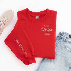 Red Cotton Crew Neck Sweater, Red Custom Print Relaxed Fit Top, Red Long Sleeve Tops With Custom Print, Red Relaxed Fit Top With Custom Print, Red Tops With Custom Print And Relaxed Fit, Red Custom Print Crew Neck Top, Red Long Sleeve T-shirt With Custom Print, Red Cotton Crew Sweatshirt, Design Flatlay