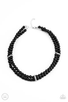 Pinched between white rhinestone encrusted frames, strands of classic black beads layer around the neck for a timeless look. Features an adjustable clasp closure.

 Sold as one individual choker necklace. Includes one pair of matching earrings. Black Jewelry Necklace, Black Pearls, Black Choker Necklace, Choker Necklace Set, Black Choker, Paparazzi Accessories, White Rhinestone, Black Set, Black Necklace