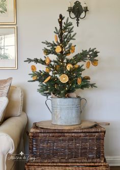 a potted christmas tree sitting on top of a wooden crate next to a couch