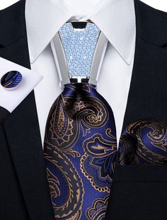 Achieve a sophisticated and tailored look with our luxurious Gold Paisley Blue Silk Ties for Men With Plastic Buckle. Crafted with signature DiBanGu designer detail, silk of the finest quality is fashioned into a classic and timeless shape, complete with matching pocket square and cufflinks. Featuring a one size 59.06''(150cm) length and 3.35''(8.5cm) width. Make a bold statement with this exquisite piece. SPECIFICATIONS Ties Type: Neck Tie Set Tie Size: One size 59.06''(150cm) length and 3.35'' Luxury Tailored Blue Ties, Mens Fasion, Gold Paisley, Ties For Men, Fathers Day Sale, Cufflink Set, Cufflinks Wedding, Tie Styles, Mens Fashion Suits