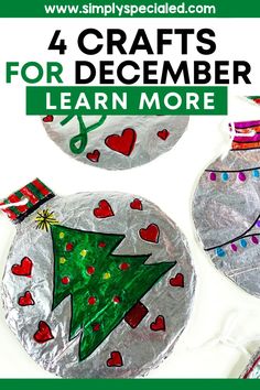 four paper plate christmas ornaments with the words 4 crafts for december learn more