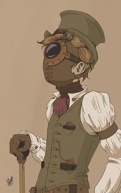 a drawing of a man in steampunk clothing and goggles holding a cane