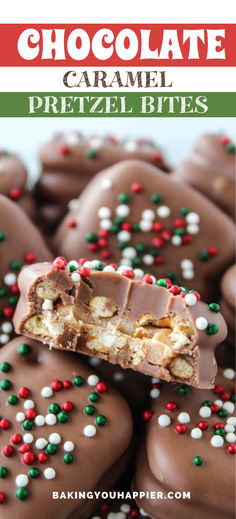 chocolate caramel pretzel bites with white and green sprinkles on top