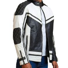 Black and white quilted biker jacket made with 100% authentic leather is designed specifically for individuals looking for two tones of color in one jacket, with beautiful quilted design on its back and shoulders. Material: Genuine Leather Inner: Viscose Color: White Zipper: YKK Size: XS - 5XL NOTE: The size-chart is in accordance with the actual chest size of a person, for-example: XS is suitable for the person having chest size 37-38 Inches (94-97 cm). Urban Long Sleeve Biker Jacket For Motorcycling, Long Sleeve Biker Leather Jacket For Outdoor, Fitted Long Sleeve Biker Jacket For Outdoor, Long Sleeve Biker Jacket For Winter Motorcycling, Winter Long Sleeve Biker Jacket For Motorcycling, Urban Long Sleeve Biker Jacket For Biker Events, Cafe Racer Biker Jacket With Long Sleeves For Streetwear, Moto Biker Jacket With Long Sleeves For Outdoor, Sporty Long Sleeve Biker Jacket For Motorcycling