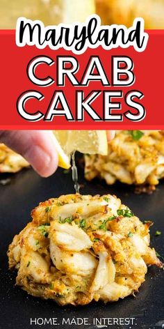 crab cakes with lemon wedges and parsley on top