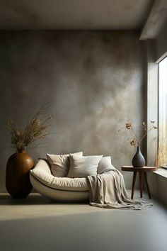 a couch sitting next to a window in a room with a vase on the floor