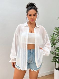 White Sexy Collar Long Sleeve Woven Fabric Plain Shirt Embellished Non-Stretch  Women Plus Clothing Plain Shirt, Plain Shirts, Plus Size Blouses, Kids Beachwear, Casual Shirt, Plus Size Tops, All Fashion, Plus Clothing, Women Clothes Sale