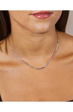 Rainbow cubic zirconia bring colorful sparkle to a frontal tennis necklace crafted from gleaming rhodium plate. 14" length; 2" extender Lobster clasp closure Rhodium plated brass/cubic zirconia Imported Necklace Stack, Necklace Craft, Tennis Necklace, Rhodium Plated, Lobster Clasp, Nordstrom Rack, Cubic Zirconia, Opal, Tennis