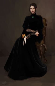 a painting of a woman sitting on a chair wearing a black dress and holding a flower in her hand