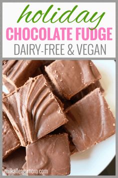 chocolate fudge dairy - free and vegan on a plate with text overlay