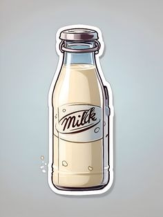 a sticker depicting a bottle of milk with the word milk on it's side