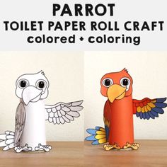 two paper owls and an owl on a table with the words parrot toilet paper roll craft colored