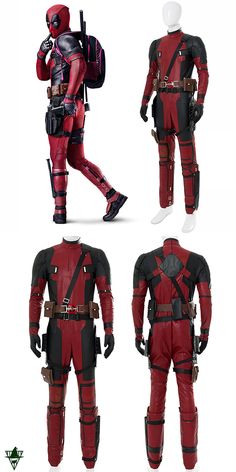 three different views of the deadpool costume