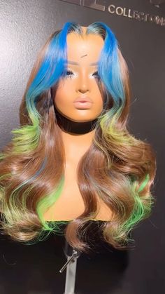 @ lilbit_collections Black Wig With Colorful Highlights, Creative Wig Styles, Dyed Wigs For Black Women, Wig Hair Colors, Lilbit Collections, Custom Color Wigs, Pretty Wig, Blonde And Blue Hair, Exotic Hair Color