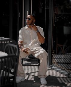 Men France Outfit, Men’s Vacation Fits, Old Money Outfits For Black Guys, European Mens Fashion Street Style, Collard Shirt Outfits Men Casual, Tan Shirt Outfit Men, Black Man Style Aesthetic, Classy Street Style Men, Mens White Outfit