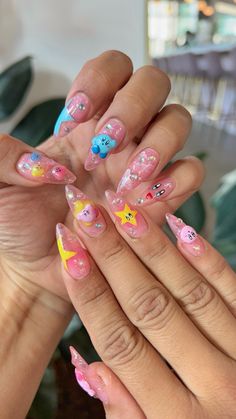 Kirby Themed Nails, Kirby Inspired Nails, Amusement Park Nails, Kirby Nail Design, Video Game Nails Designs, Rosalina Nails, Princess Peach Nail Art, Kirby Nails Acrylic, My Little Pony Theme Nails