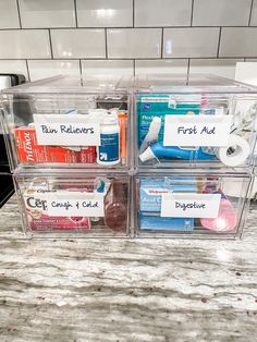 Medicine storage solution Organize Hygiene Products, Family Medicine Organization, Medicine Bin Organization, Organization Medicine Cabinet, Medicine Drawer Organization Ideas, Kitchen Medicine Cabinet Organization, First Aid Medicine Organization, Medicine Basket Organization, Medicine And First Aid Organization