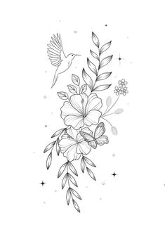 a black and white drawing of flowers with birds flying around it on a white background