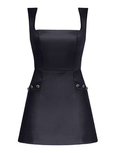 The beauty of this black satin mini dress lies in its simplicity that directs the attention to its carefully crafted details. The sleeveless design features a square neckline and an A-line mini-length skirt with decorative pockets embellished with buttons.  The dress is fully lined with silky satin and fastens with an invisible zip at the back for a secure and flattering fit. Hand wash only. Wash inside out with like colours. Do not wring or twist. Do not tumble dry. Iron at 160°C max or use press cloth. Do not bleach. Professional dry clean. Black Satin Mini Dress, Embellished Buttons, A Line Mini Skirt, Design Square, Mini Dress Black, Satin Mini Dress, Invisible Zip, Independent Designers Fashion, Cinched Waist