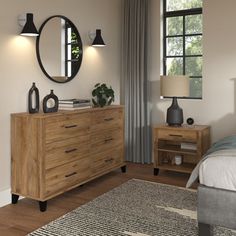 a bedroom scene with focus on the dresser and bed sideboard, along with two lamps