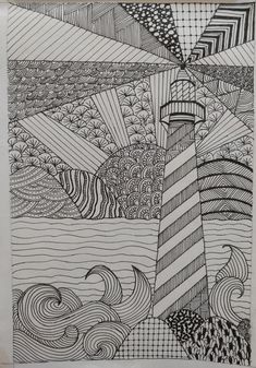 a black and white drawing of a lighthouse