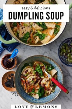 two bowls filled with dumpling soup on top of a table