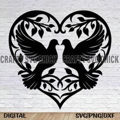 two doves in a heart shaped frame with leaves and vines on the side, stencil