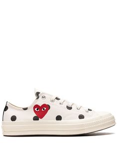 cream white cotton polka dot print signature heart print round toe front lace-up fastening branded insole rubber sole These styles are supplied by a premium sneaker marketplace. Stocking only the most sought-after footwear, they source and curate some of the most hard to find sneakers from around the world. Converse X Comme Des Garcons, Planet People, Chuck 70, Polka Dot Print, Dot Print, Comme Des Garcons, Heart Print, Ox, Sneakers White