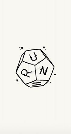 a black and white drawing of a dice with the word qn on it's side