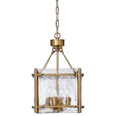 an antique brass finish chandelier with clear glass panels and metal chains hanging from the ceiling