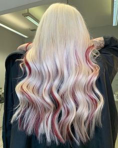 Cute Hair Color Ideas For Blondes, Platinum Blonde Red Highlights, Icy Blonde And Red Hair, Ombre Hair Color White Blonde, Red With Platinum Highlights, White Hair Red Streaks, White Hair With Red Underneath, White Hair With Red Streaks, White To Red Hair