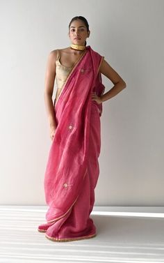 Hot pink chanderi silk and tissue pin stripe saree with scattered floral butti embroidery using cutdana, sequins and elevated by golden lace trims. - Aza Fashions Butti Embroidery, Sleeveless Blouse Saree, Dhoti Saree, Cotton Sarees Handloom, Scalloped Blouse, Blouse Necklines, Embroidery 3d, Golden Lace, Ruffle Saree