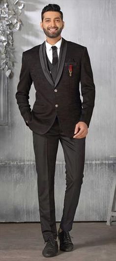 Black and Grey color 2 Piece Suit (with shirt) in Imported fabric with Broches work Elegant Fitted Gray Three-piece Suit, Gray Single-breasted Three-piece Suit For Formal, Gray Three-piece Suit With Notch Lapel, Fitted Gray Three-piece Suit In Suiting Fabric, Tailored Gray Three-piece Suit With Suit Collar, 2 Colours, Gray Color, Black And Grey, Grey