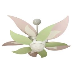 a green and white ceiling fan with leaves on it