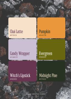 six different color swatches with the words witch's lipstick and pumpkin spice on them