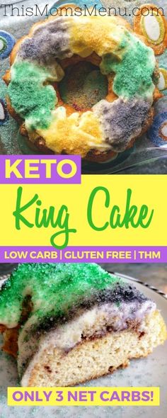 a close up of a cake with green frosting on top and the words keto king cake below it