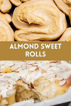 almond sweet rolls in a baking pan with one slice cut out