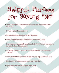 an email message with the words helpful phrases for saying'no'in red and white