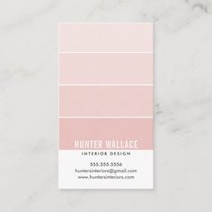 a pink business card with the words hunter wallace interior design on it