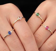 Our colorful stone ring is made of 14k real gold and it's available in four gemstone color options; sugar pink, powder pink, green, and blue. At the top, between round zircon stones, it has an oval cut colorful stone. Thanks to its minimalist and dainty style, it will be your everyday ring. If you consider our dainty ring as a gift for your loved ones, it will be an excellent choice. Especially, it makes happy your loved ones on their birthdays, mother's day, valentine's day, anniversaries, or g Bracelet Stone Design, Green Stone Bracelet, Pink Stone Rings, Ring Three Stone, Pink Powder, Dainty Style, Bridal Jewelry Collection, Zierlicher Ring, Everyday Ring