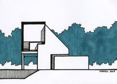 a drawing of a house with trees in the background