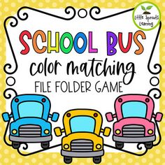 the school bus color matching file folder game is shown in yellow and blue, with two cars