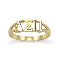 A gorgeous limited edition sunshine gold Delta Sigma Pi (ΔΣΠ) ring made exclusively by us! The ring is solid brass with 14k gold plated finishing. The perfect gift for your big/little or even yourself! Please specify ring size: 5 6 7 8 &9 in the drop down box. Thank you! * Officially Licensed Product - passed through examination and requirements by the Fraternity. In addition, part of the sales proceeds goes back to Delta Sigma Pi * Product includes lifetime warranty: We pride ourselves in o Gold Adjustable Initial Ring For Promise, Gold Engraved Ring With Polished Finish For Promise, Gold Adjustable Initial Promise Ring, Adjustable Gold Stackable Rings, Gold Nickel-free Promise Ring, Gold Brass Stackable Rings For Gift, Symbolic Gold Initial Ring As Gift, Gold Symbolic Engraved Open Ring, Symbolic Gold Open Engraved Ring